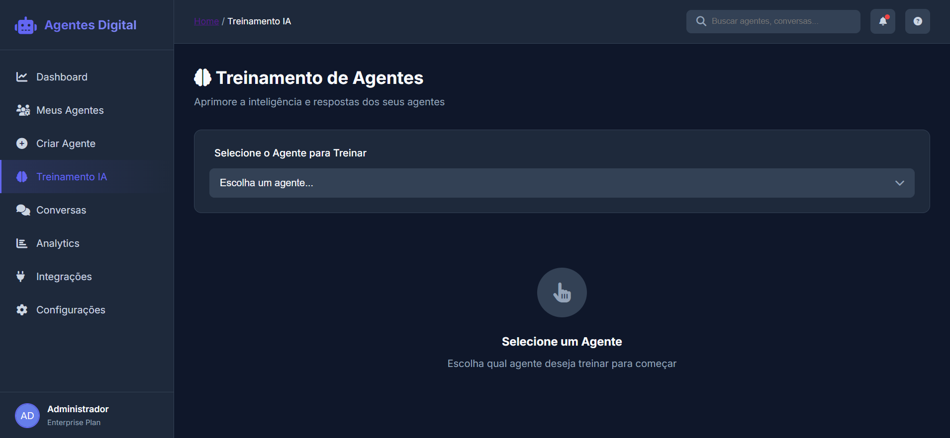 Tela de treinamento e gestão da base de conhecimento dos agentes no Agentes Digital