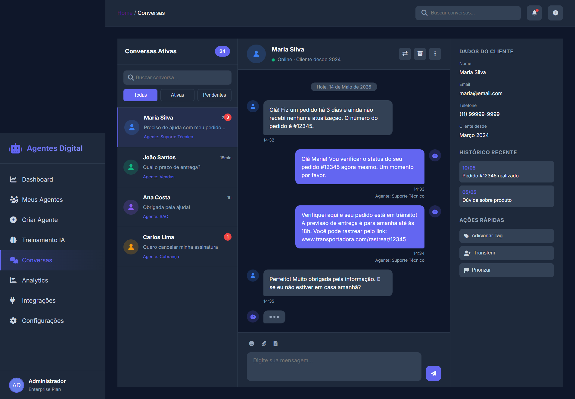Interface de visualização de conversas e histórico de atendimentos no Agentes Digital