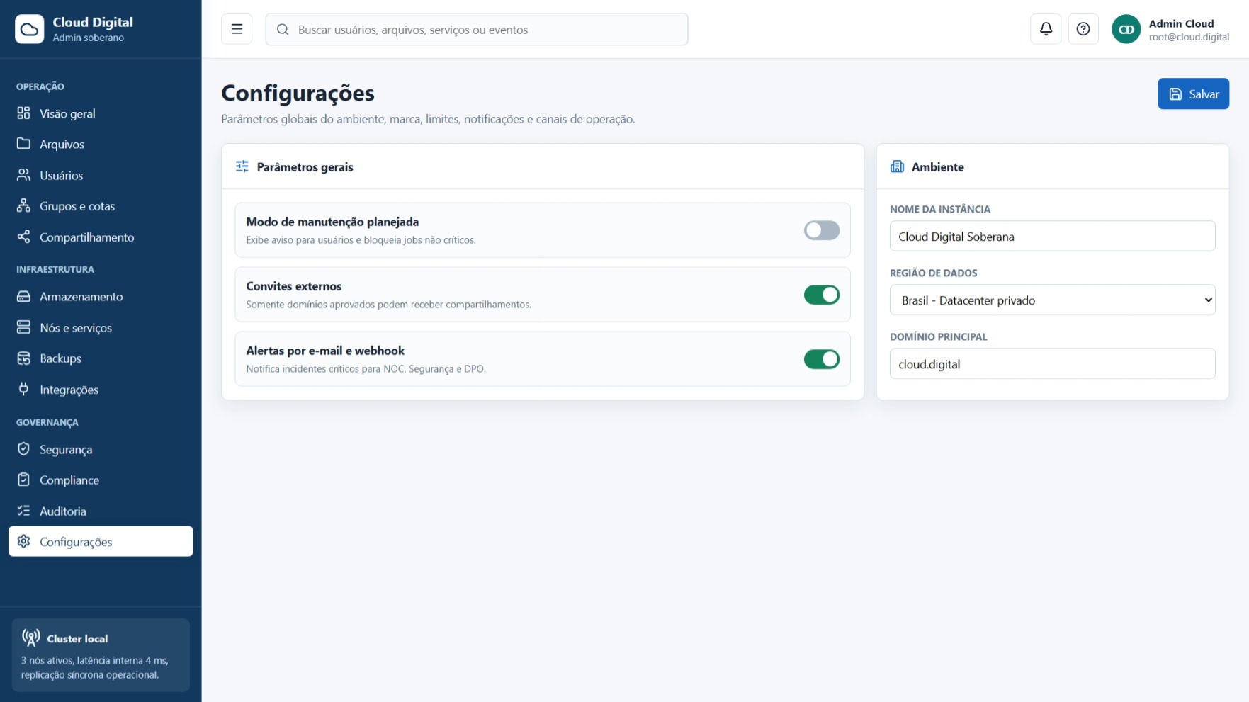 Tela de configurações gerais da plataforma Cloud Digital